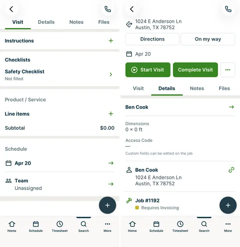 A dual screenshot showing the visit and details screens within a visit.