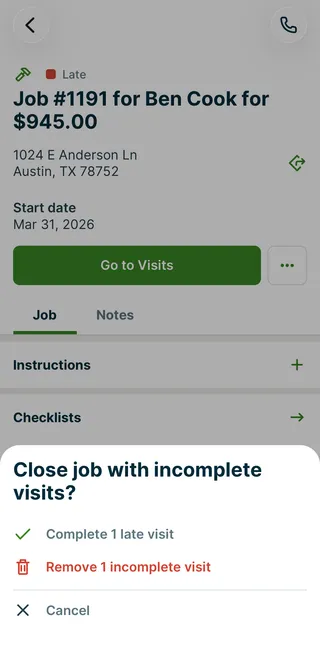 A screenshot showing the incomplete visits warning when closing a job in the Jobber app.