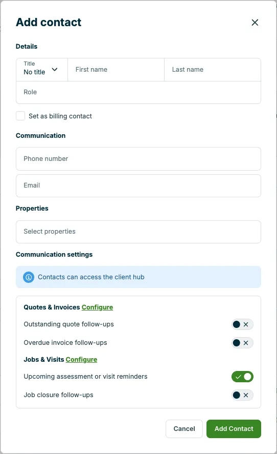 A screenshot showing the Add Contact pop up.