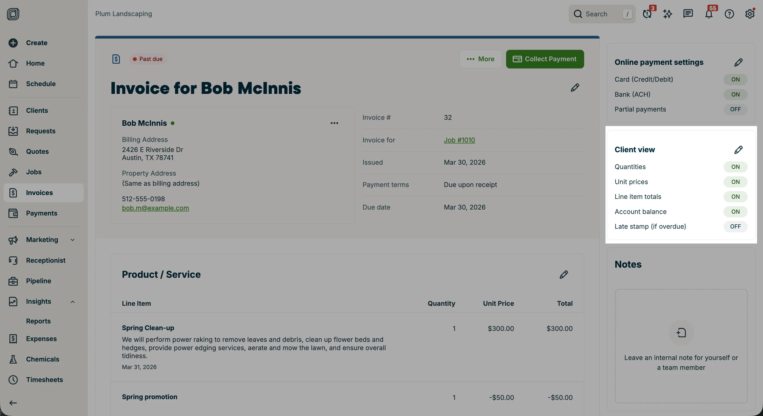 A screenshot showing the client view settings toggles within an individual invoice.