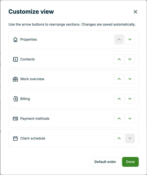 A screenshot showing the customize view pop-up from the client page.