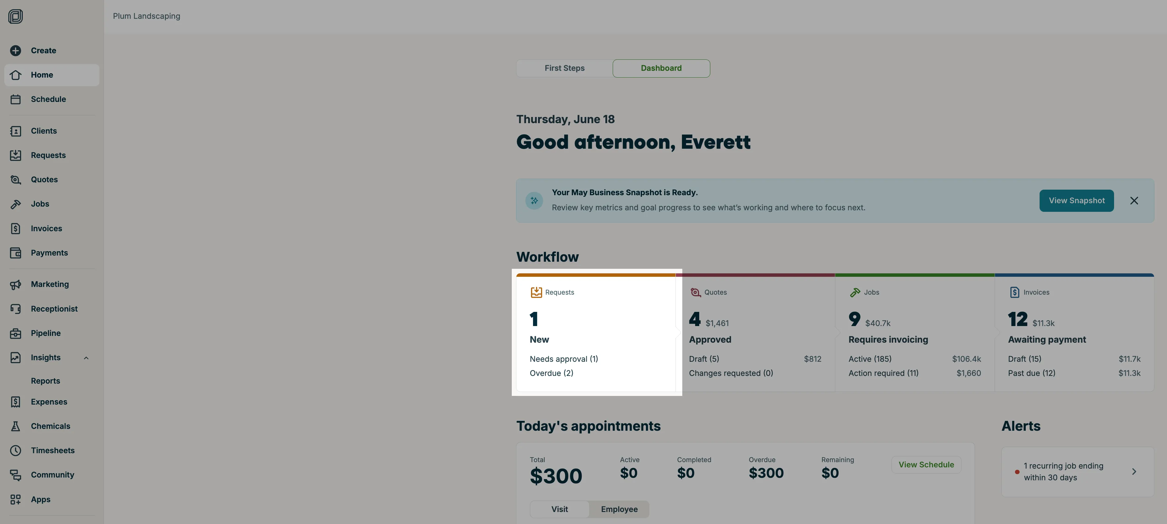 A screenshot highlighting workflow items under Requests on the Home page.