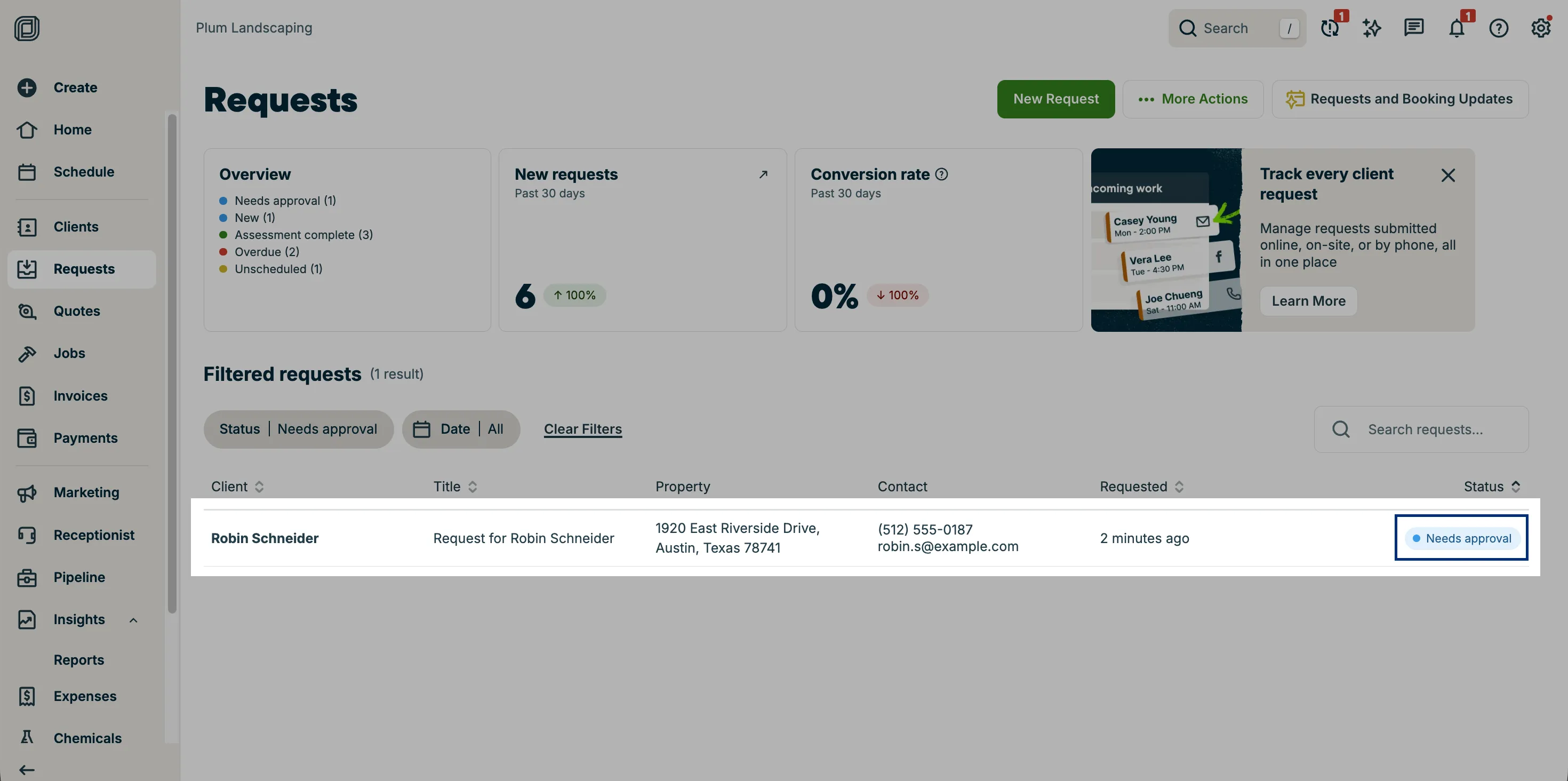 A screenshot showing an assessment on the request page tagged with Needs approval.
