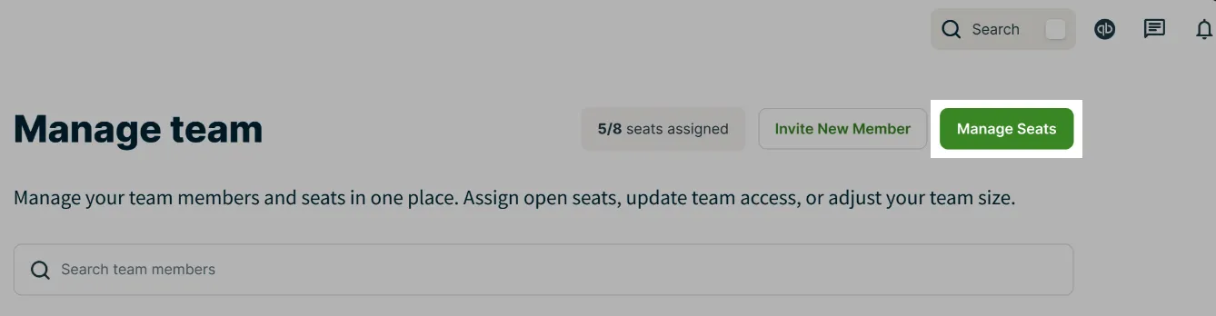 A screenshot showing the "Manage Seats" button on the Manage team page.