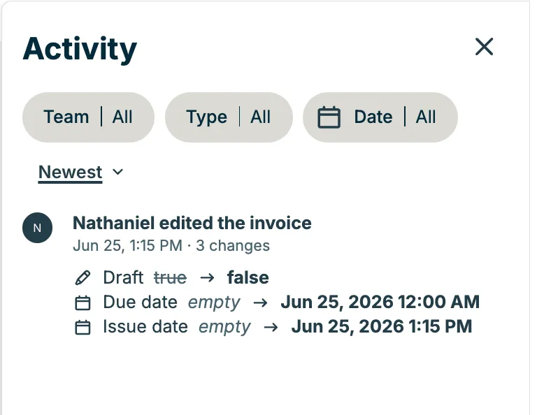 A screenshot showing the activity feed from an invoice's history.