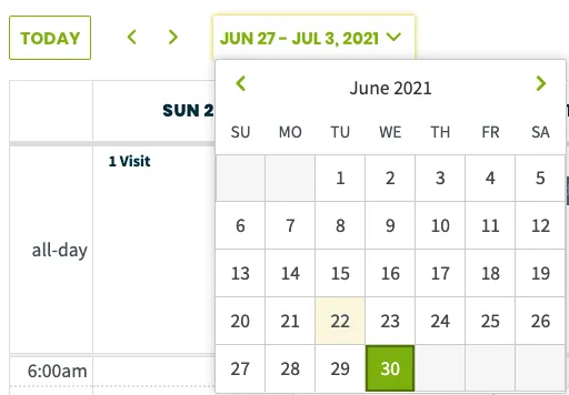 Date picker for the date range shown on the calendar