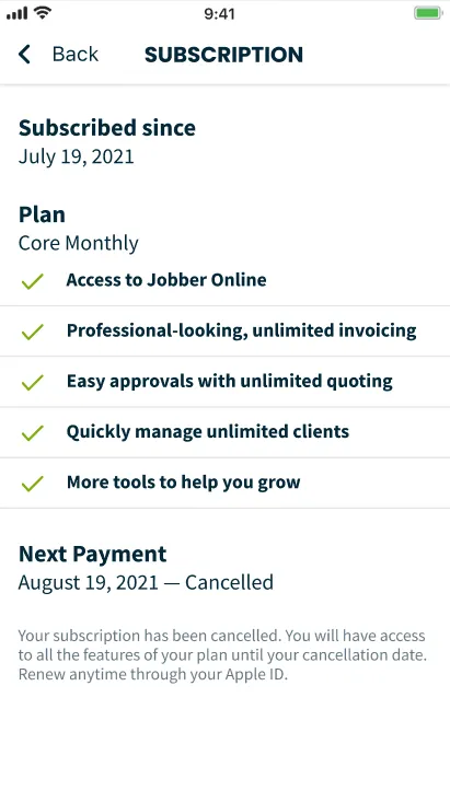 subscription page in the app showing the subscription has been canceled under next payment