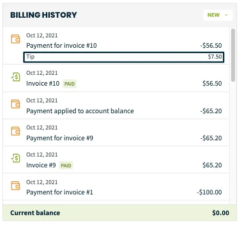 billing history box with a payment that included a tip highlighted.