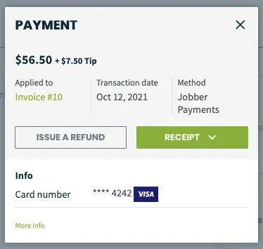 payment details in Jobber with buttons to issue a refund or view the receipt.