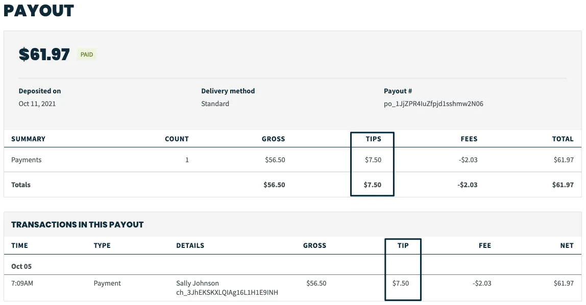 Jobber Payments payout report with the tips column highlighted.