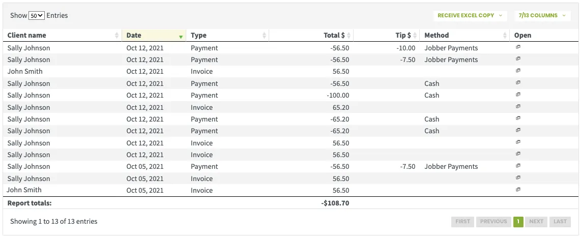 Jobber Payments transactions report.