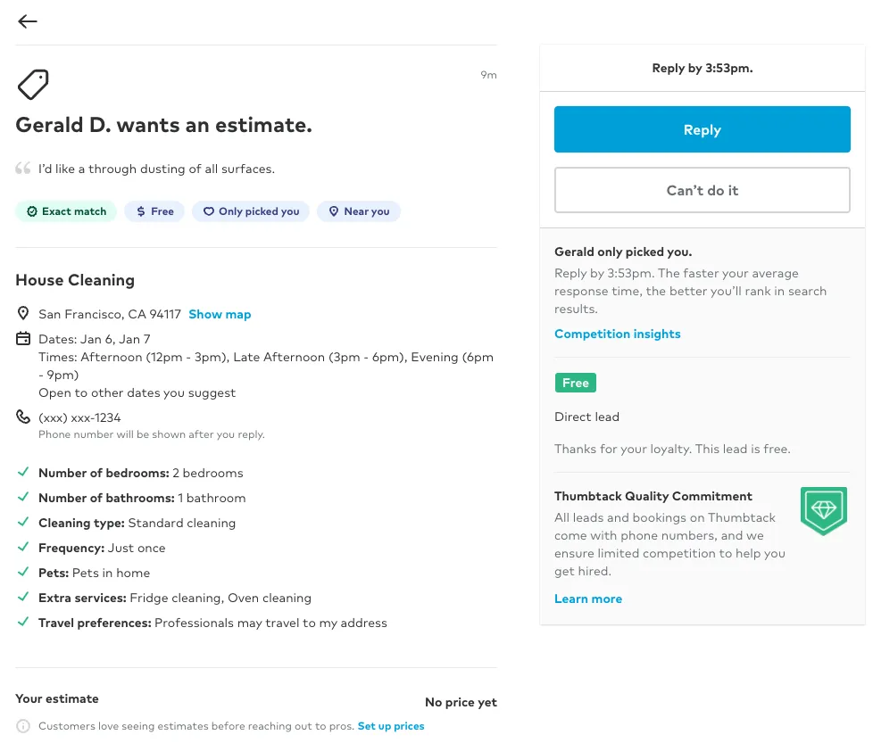 Lead details in Thumbtack