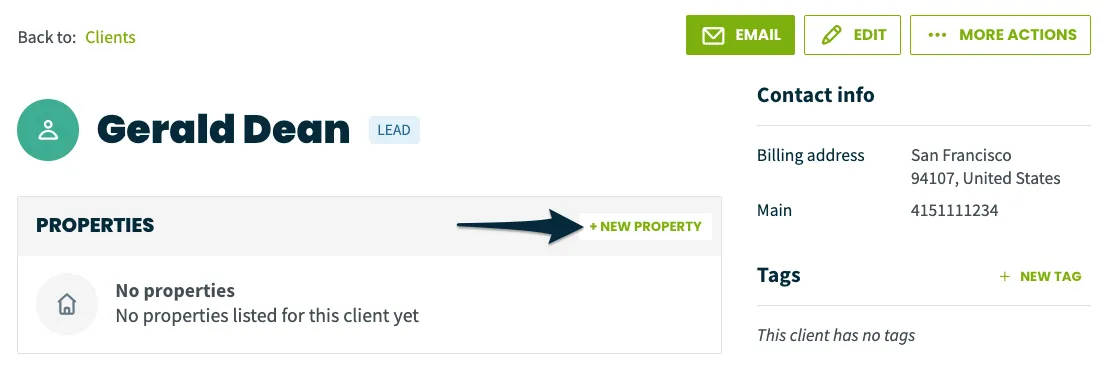 Client overview in Jobber with an arrow pointing towards new property