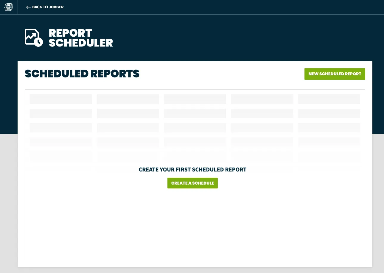 report scheduler with no schedules set up. There is a button to create a schedule